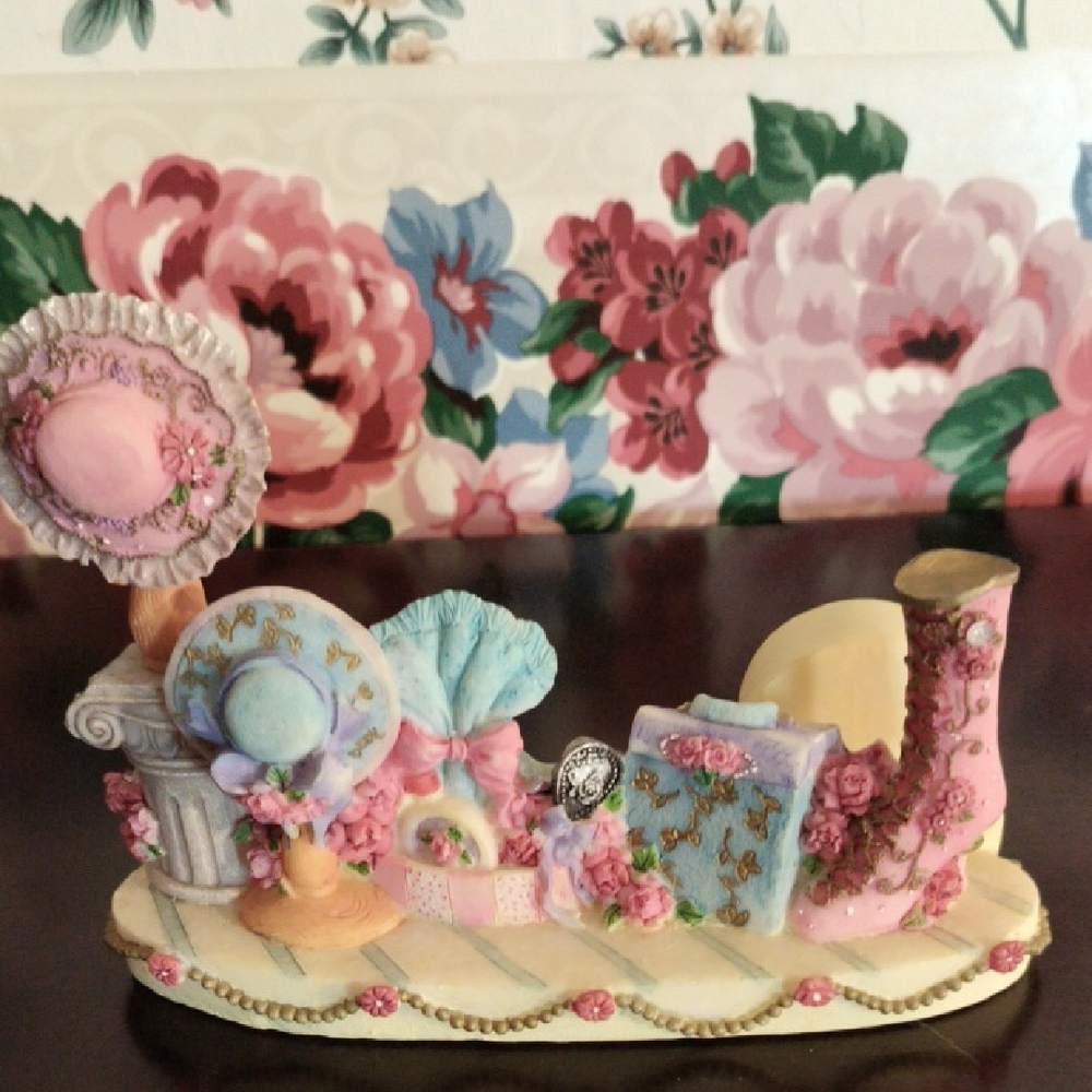 Victorian Style Floral Figurine With Fancy Hats, High End Boot And Couture